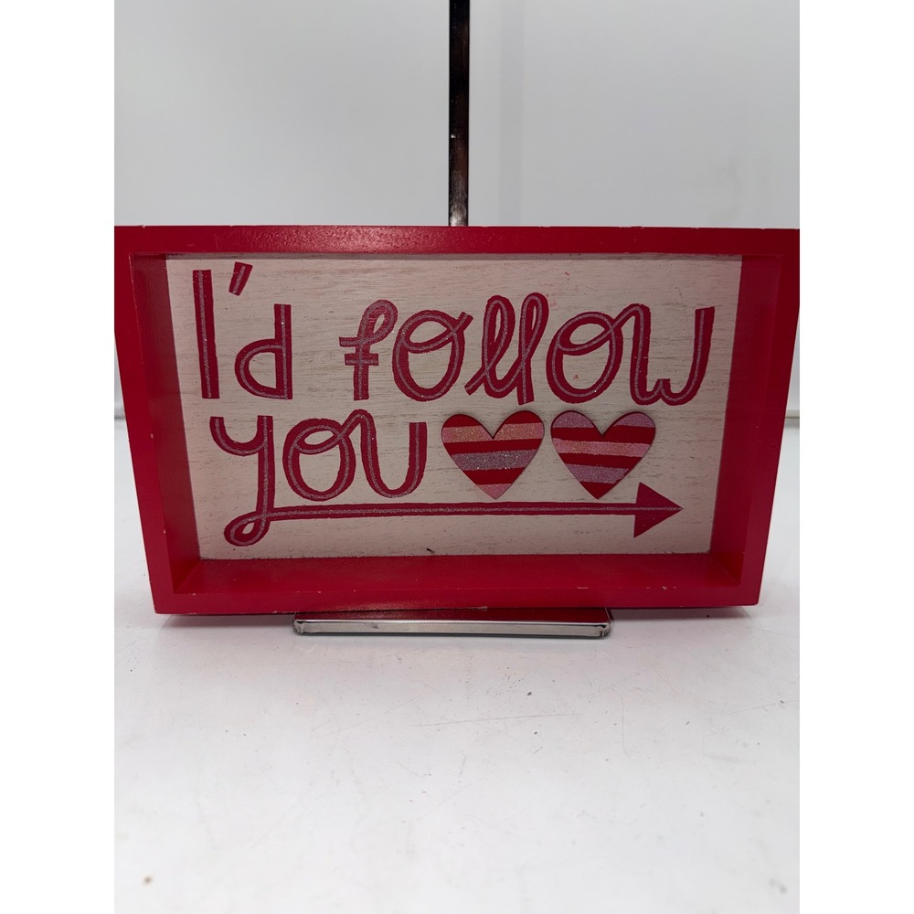 Valentine's Day Red Wood Shadow Box Sign I'd Follow You Glitter Hearts Decor